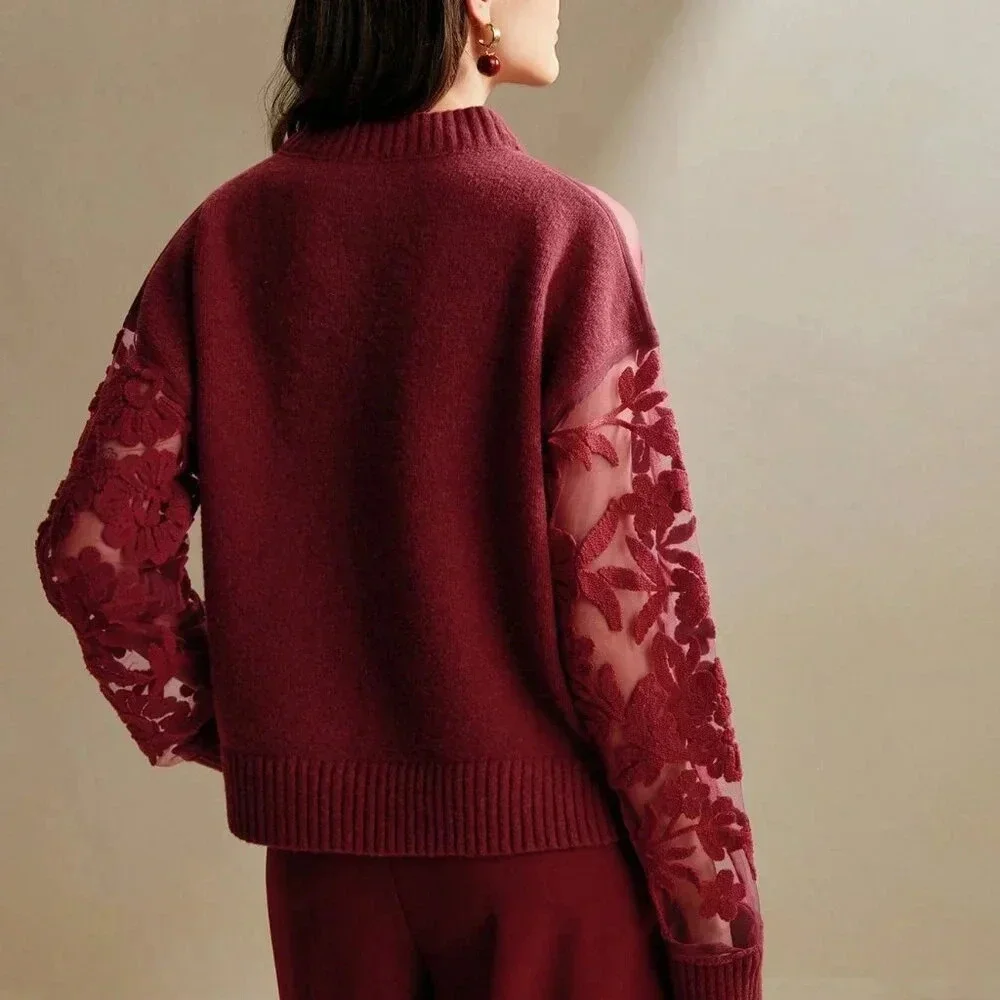 Burgundy Casual Women's Floral Pattern Round Neck Long Sleeve Knit Sweater